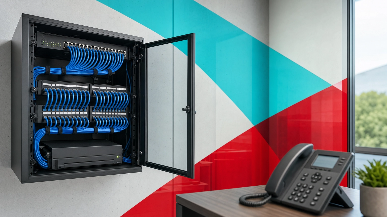Modern business network closet and IP desk phone representing SIP trunking for business phones