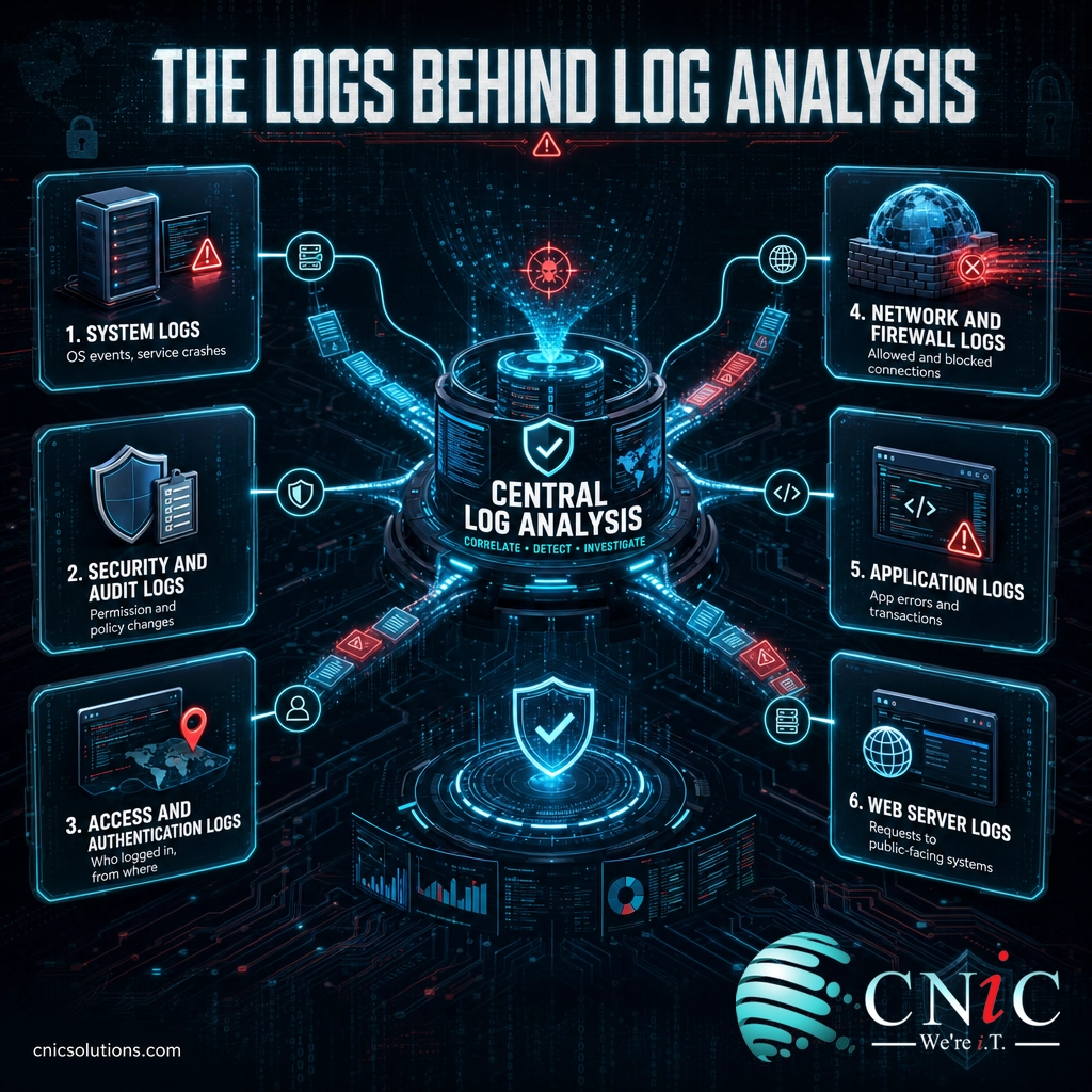 Hub-and-spoke infographic of six log source types feeding central log analysis