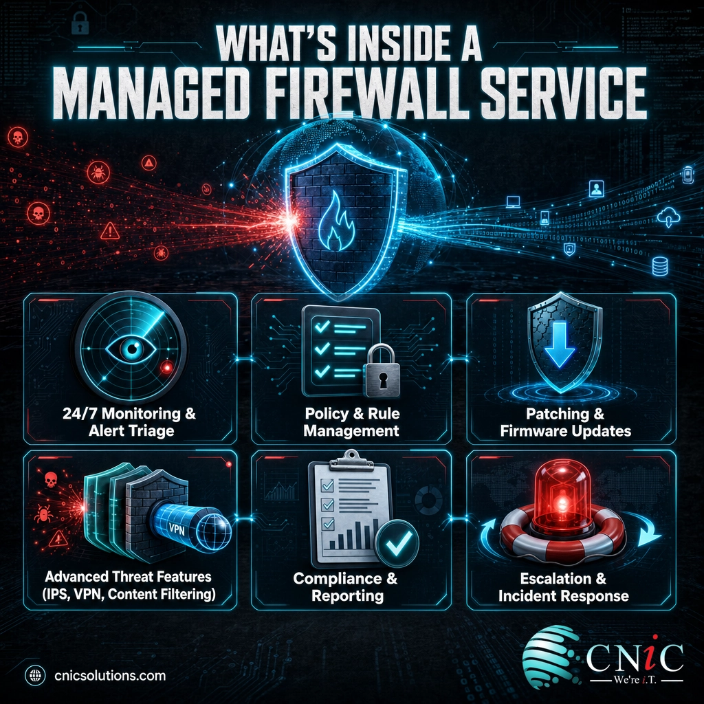 Six components of a managed firewall service: monitoring, rule management, patching, threat features, compliance, and incident response