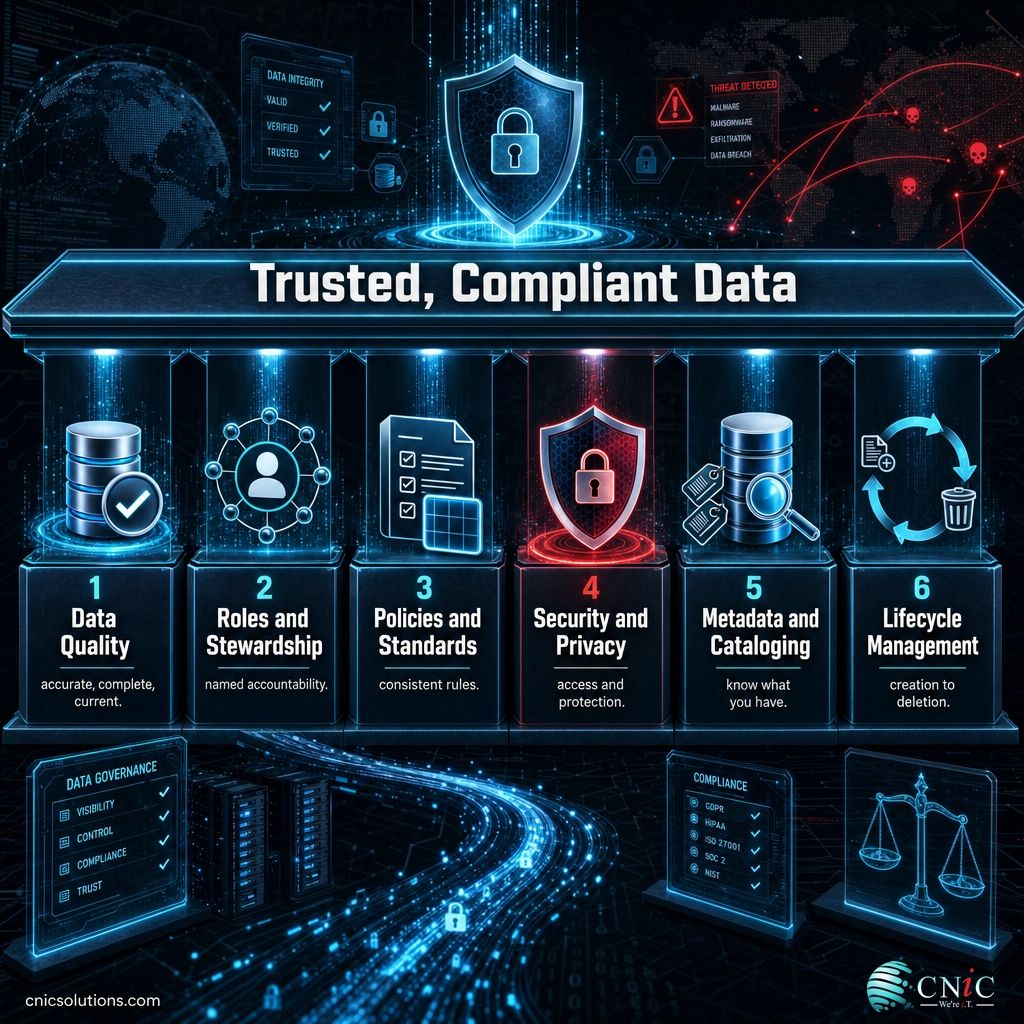 Infographic of the six core components of data governance including data quality, stewardship, policies, security, metadata, and lifecycle management