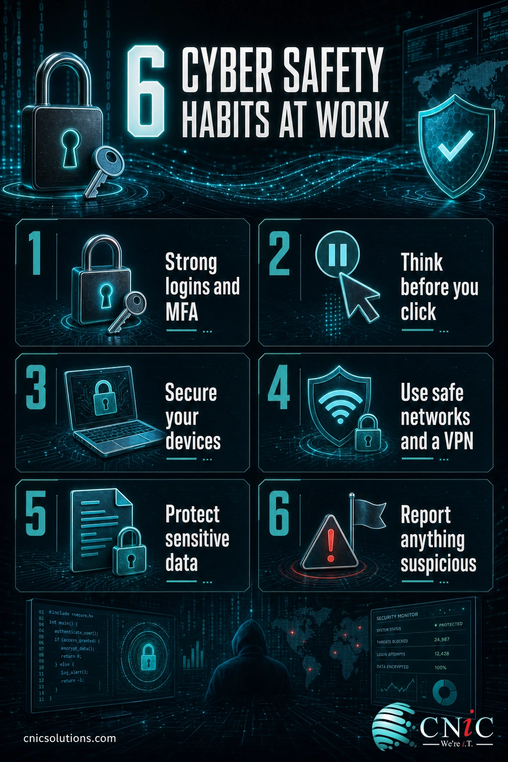 Checklist infographic of six workplace cyber safety habits from strong logins to reporting suspicious activity