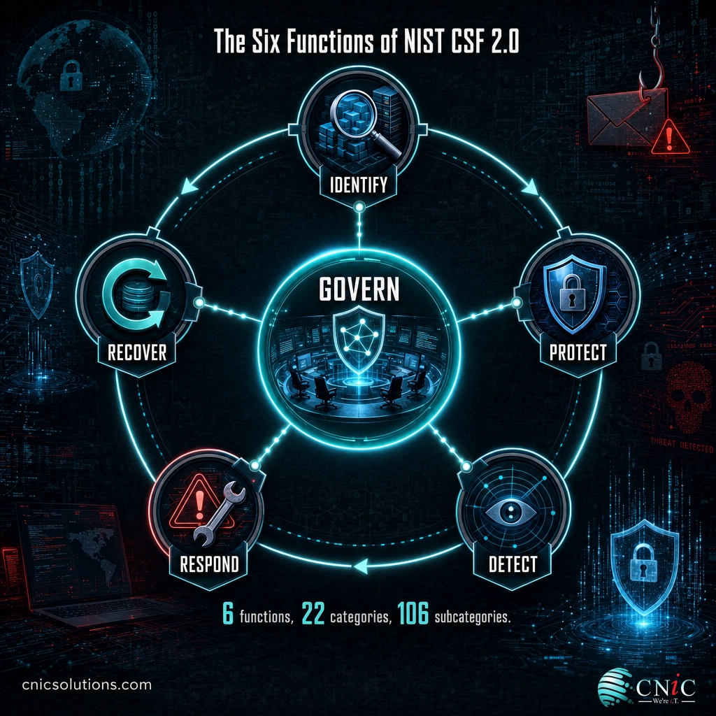 Infographic of the six NIST CSF 2.0 functions with Govern at the center and Identify, Protect, Detect, Respond, Recover in a loop