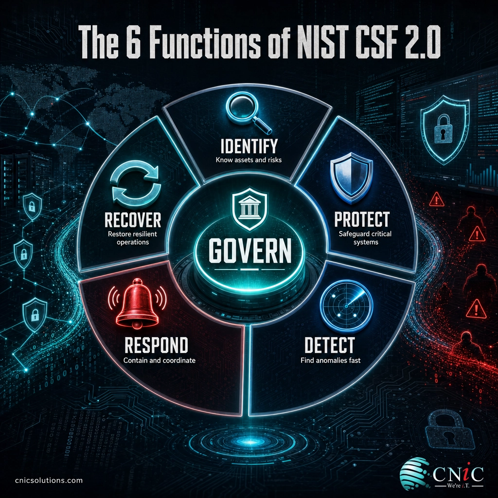 Diagram of the six NIST CSF 2.0 functions: Govern, Identify, Protect, Detect, Respond, Recover