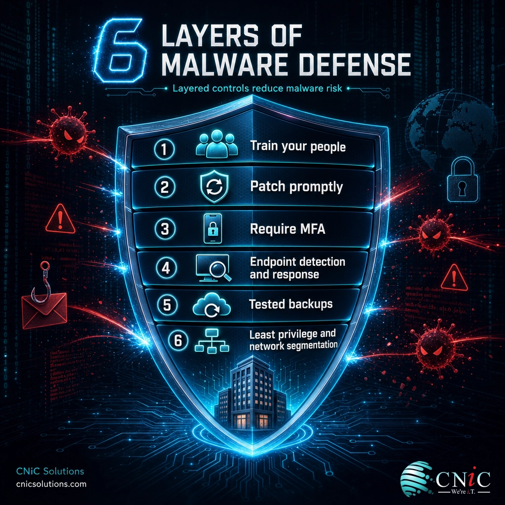 Infographic showing six layers of malware defense: training, patching, MFA, EDR, backups, and least privilege