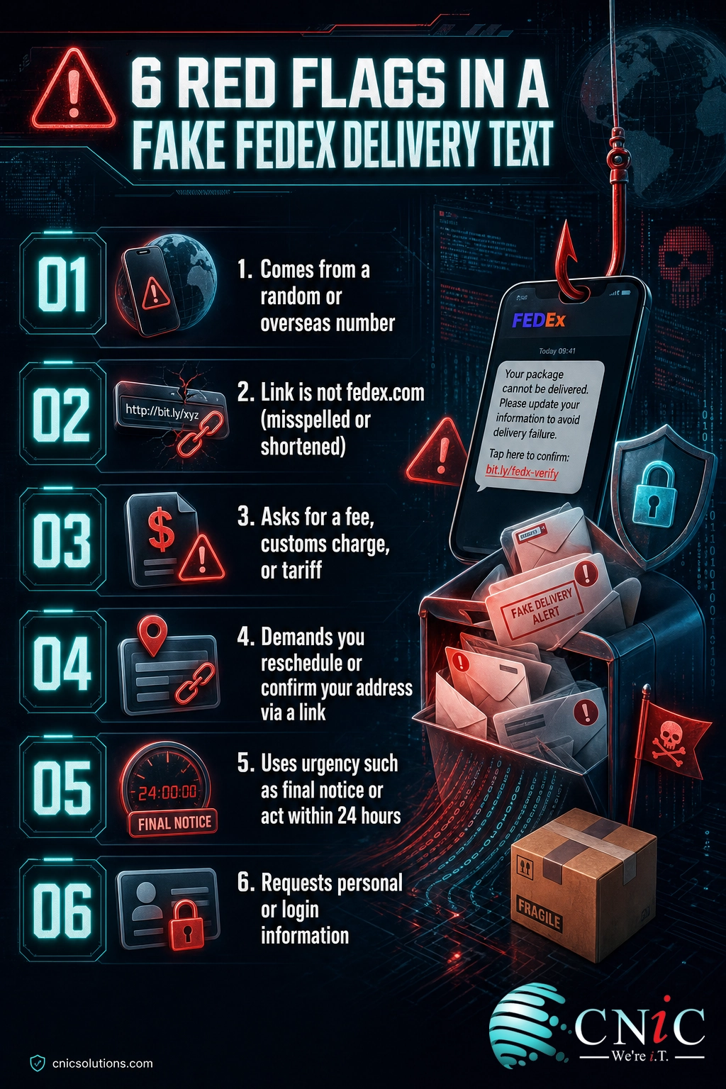 Checklist infographic listing six warning signs of a fake FedEx delivery scam text