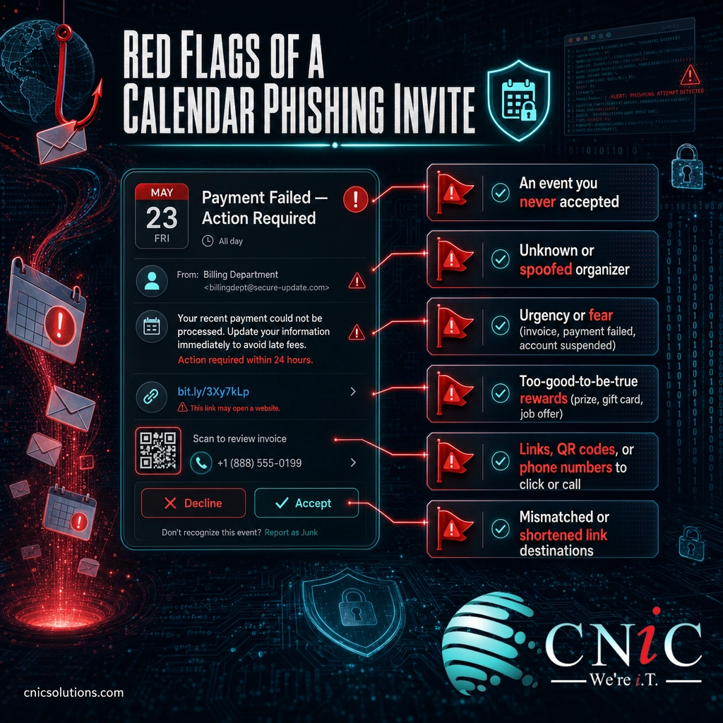 Infographic checklist of six red flags that identify a calendar phishing invite, shown around a mock event card