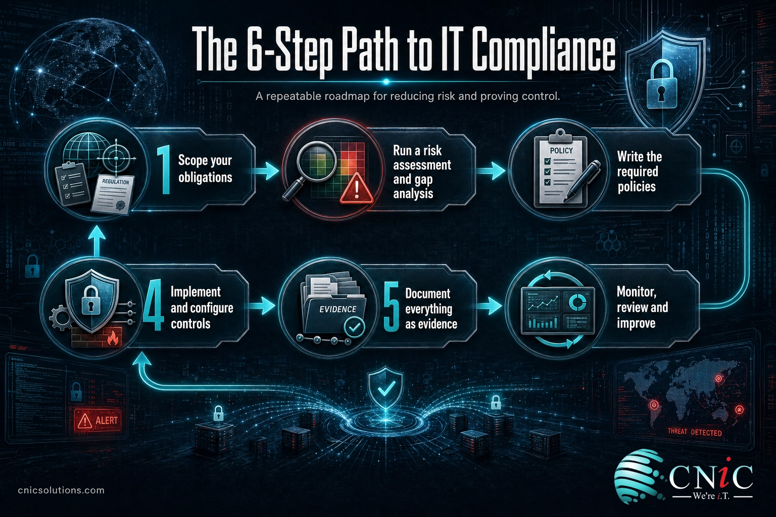 Six-step IT compliance roadmap infographic: scope, assess, write policies, implement, document, monitor