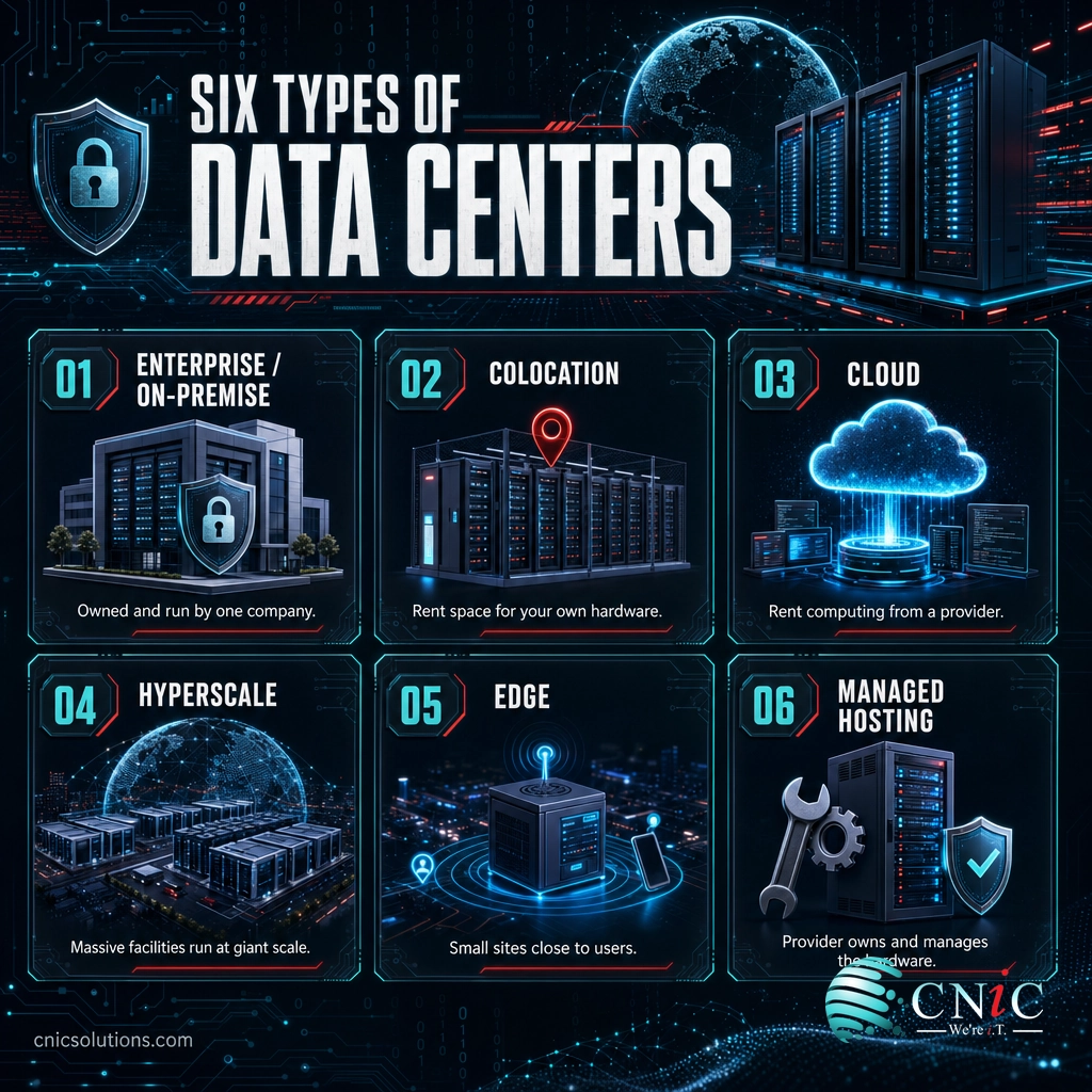 Infographic comparing six data center types: enterprise, colocation, cloud, hyperscale, edge, managed hosting
