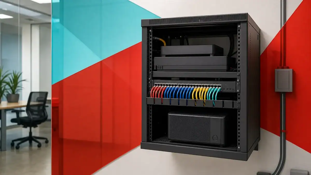 Network rack with cabling and networking equipment in a modern IT infrastructure setup.