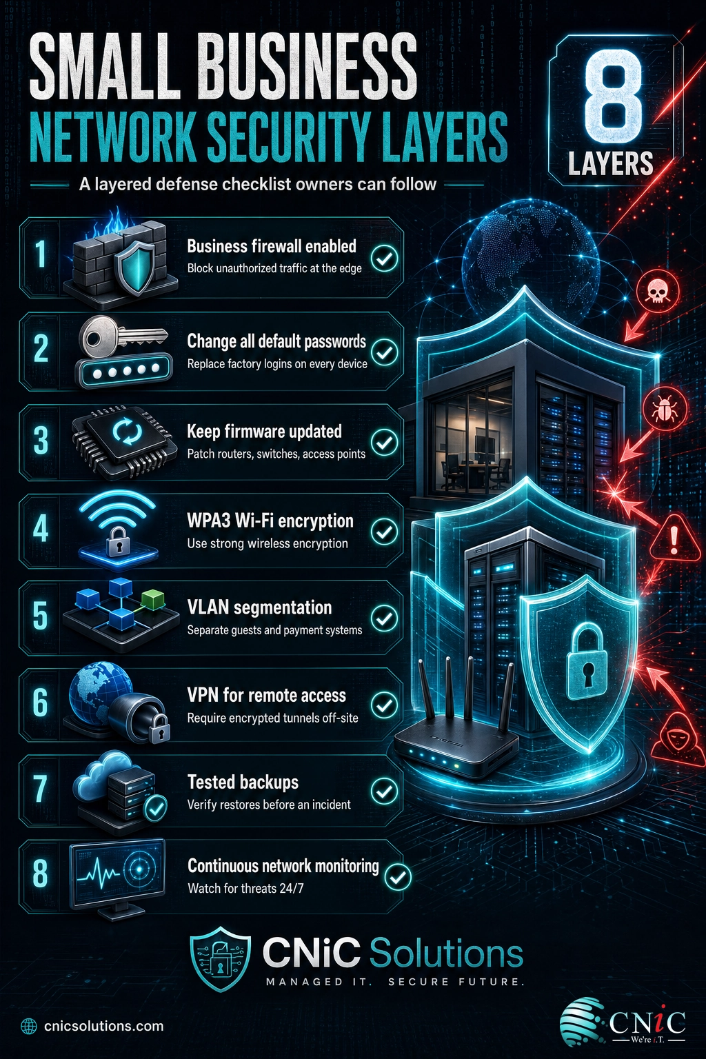 Checklist of small business network security layers: firewall, passwords, patching, WPA3, VLANs, VPN, backups, monitoring