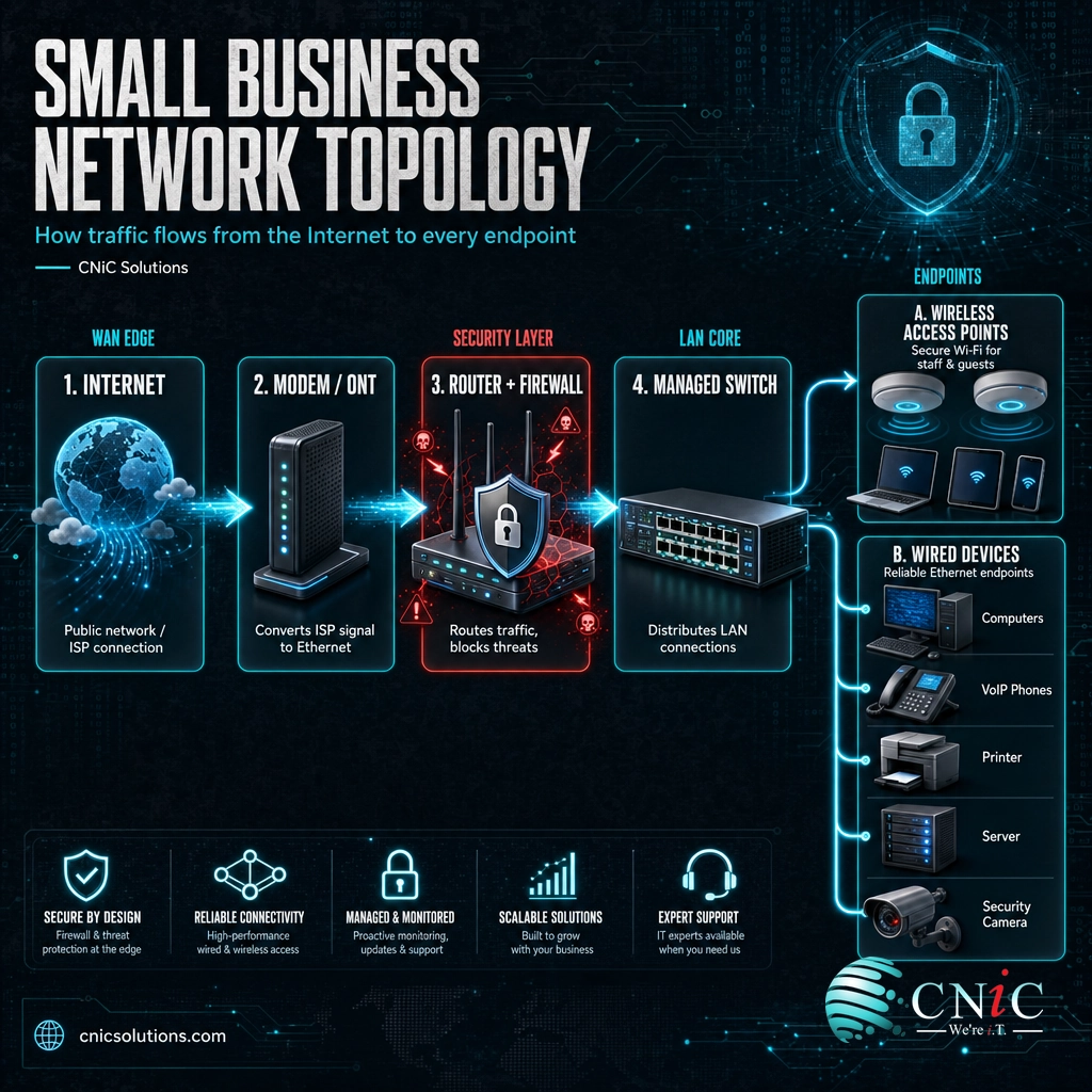 Diagram of small business network flow from internet to modem, router, firewall, switch, and devices