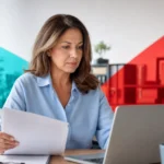 Small business owner reviewing cyber insurance policy documents at a laptop in a modern office