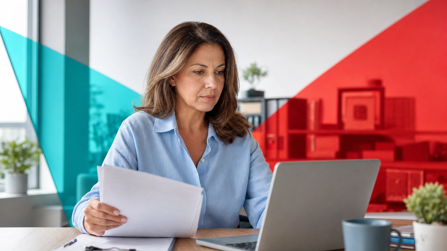 Small business owner reviewing cyber insurance policy documents at a laptop in a modern office