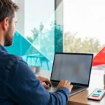 Small business owner logging into a laptop with a multi-factor authentication prompt on a phone
