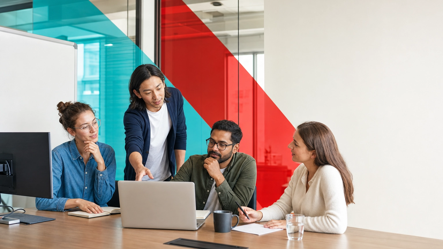 Small business team gathered around a laptop deciding between SharePoint and Google Drive in a meeting room