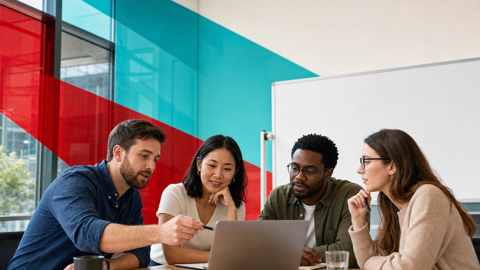 Small business team gathered around a laptop deciding between two productivity software suites in a meeting room