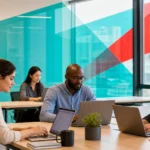 Small business team working productively in a modern office with reliable managed IT running in the background