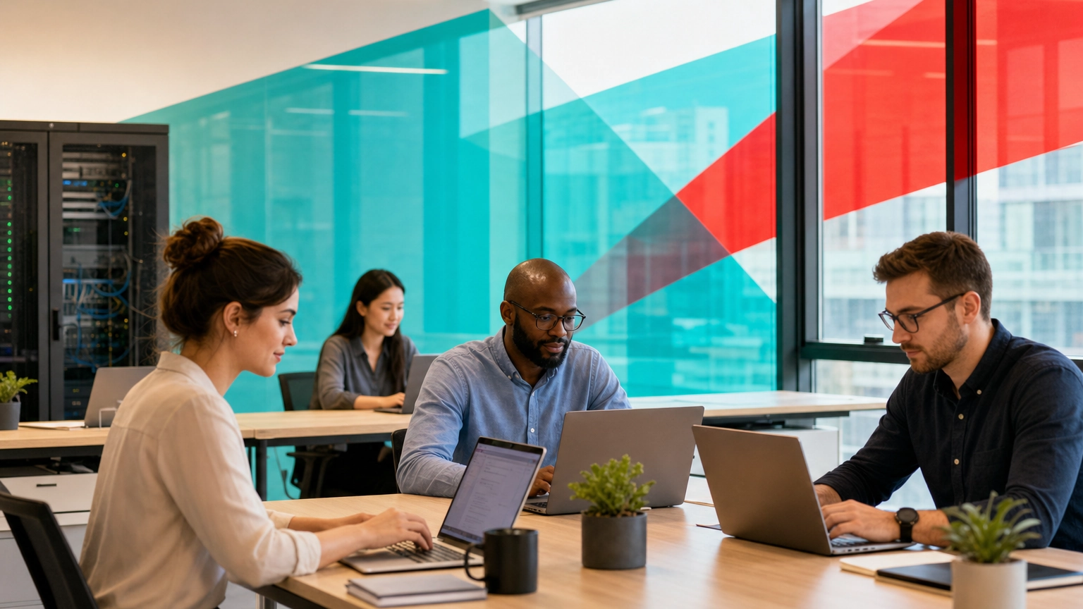Small business team working productively in a modern office with reliable managed IT running in the background