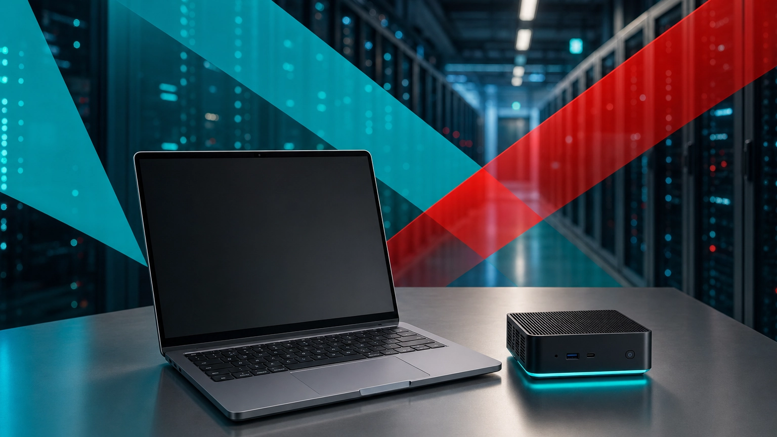 Compact laptop and edge device in front of a large data center, illustrating small versus large language model scale