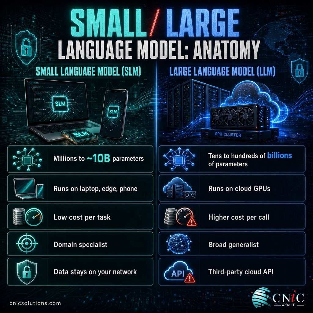 Two-column infographic comparing small and large language models on size, hardware, cost, specialization, and data control