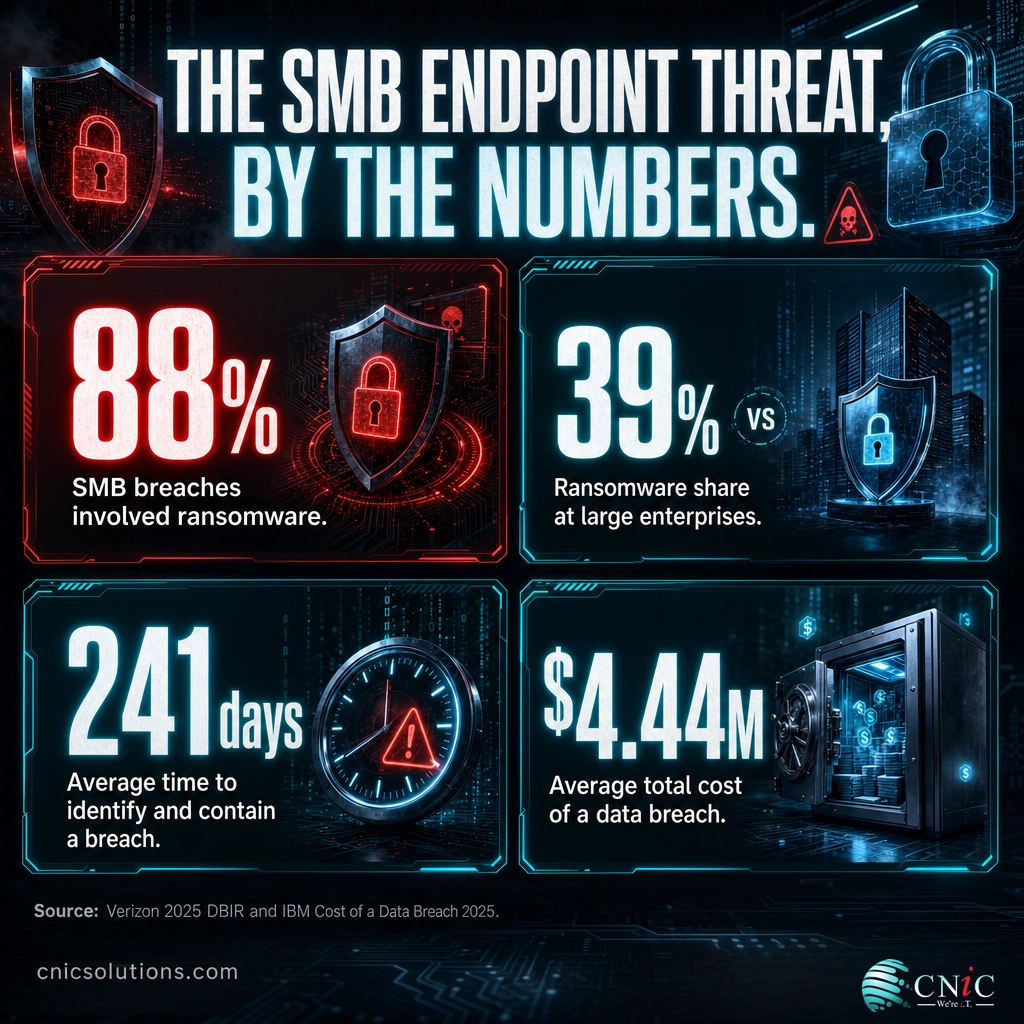 Infographic of SMB endpoint threat stats: 88% ransomware, 241-day breach containment, $4.44M cost