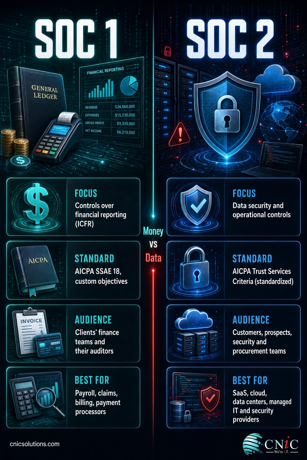 Side-by-side infographic comparing SOC 1 financial-reporting controls with SOC 2 data-security controls