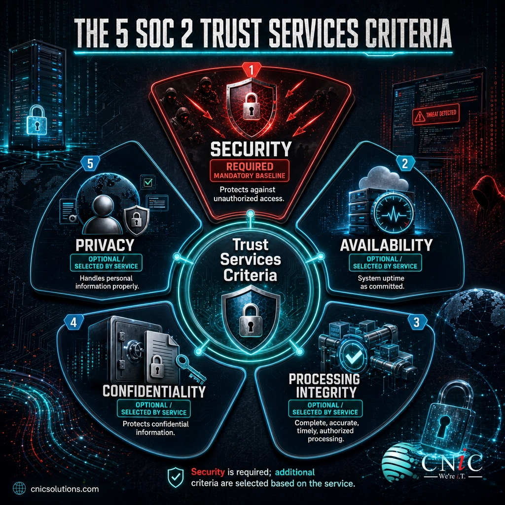 Infographic of the five SOC 2 Trust Services Criteria with Security marked as the required baseline
