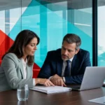 Business professionals discussing IT solutions in a modern office setting.