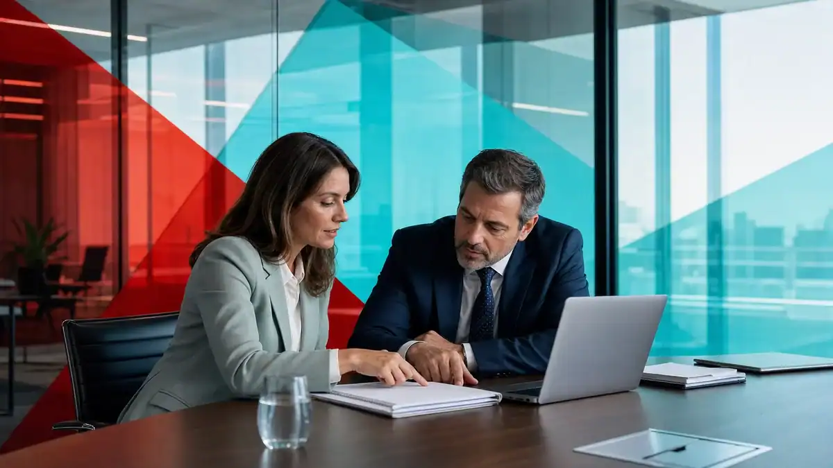 Business professionals discussing IT solutions in a modern office setting.