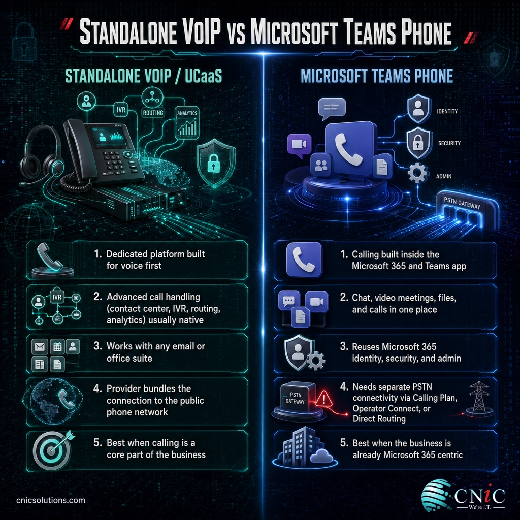 Side-by-side comparison of standalone VoIP and Microsoft Teams Phone on integration, features, connectivity, and best-fit business