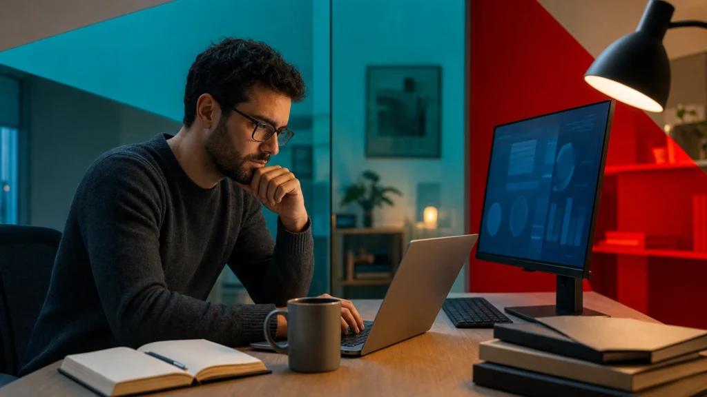 IT professional studying for a cybersecurity certification at a desk in the evening
