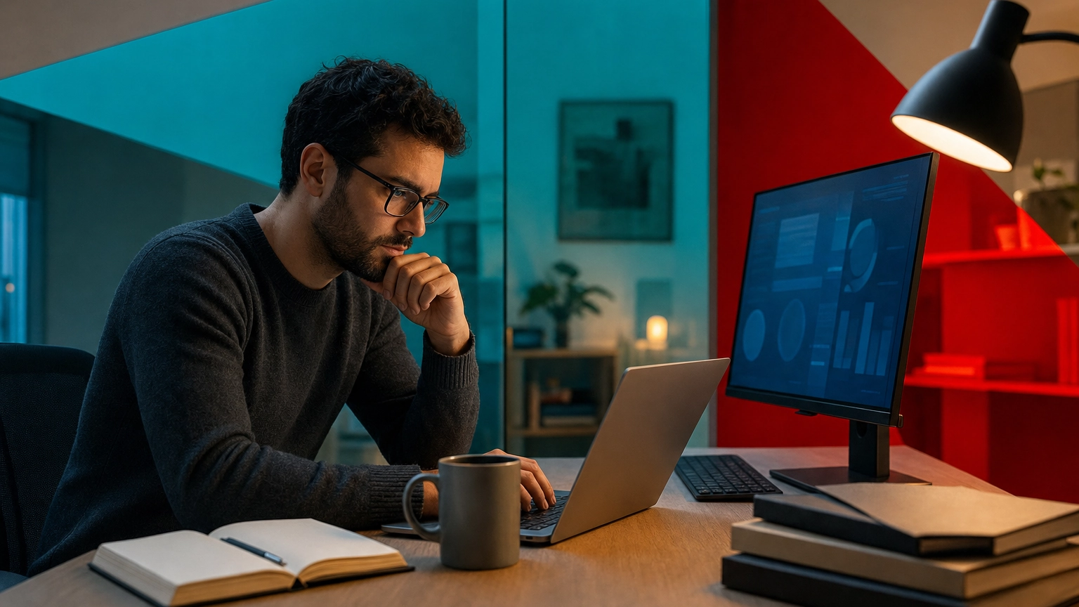 IT professional studying for a cybersecurity certification at a desk in the evening