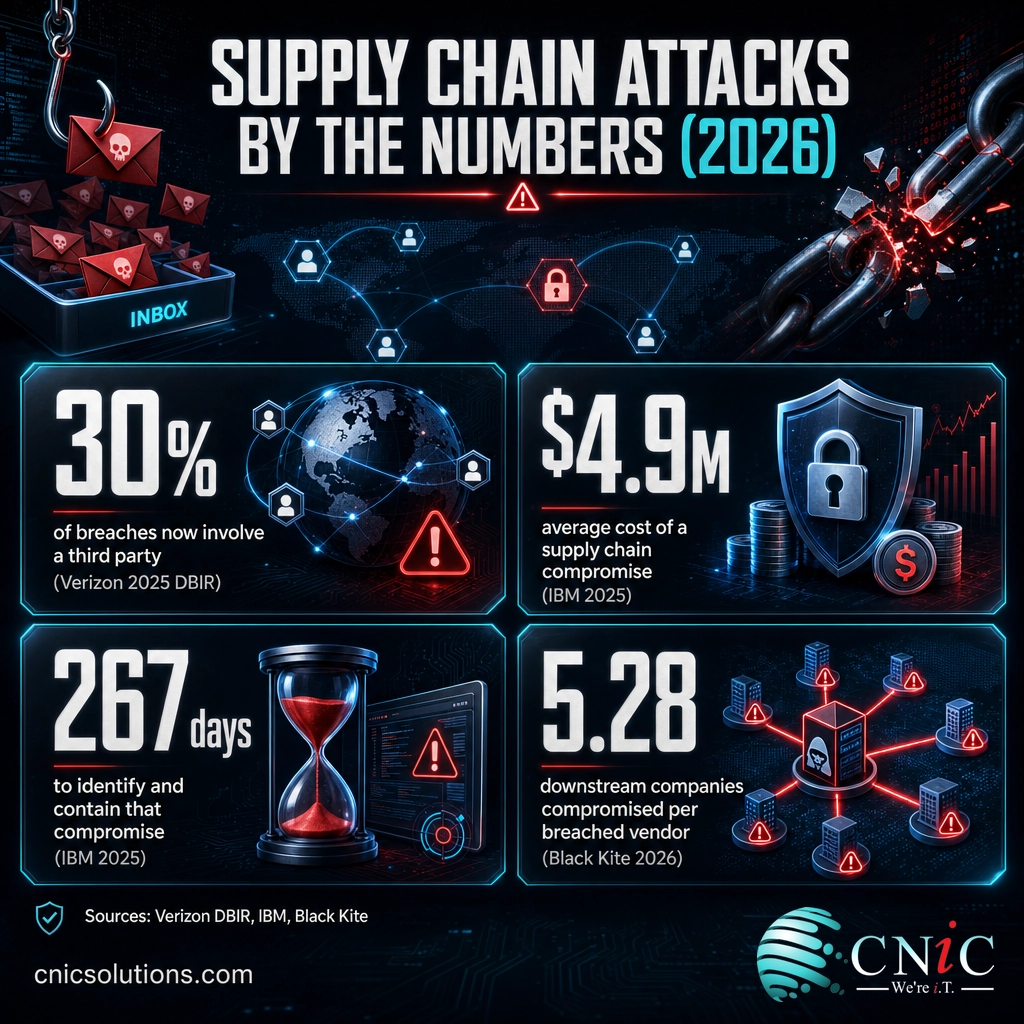 Infographic of key 2026 supply chain attack stats: 30% of breaches, $4.9M cost, 267 days, 5.28 ripple