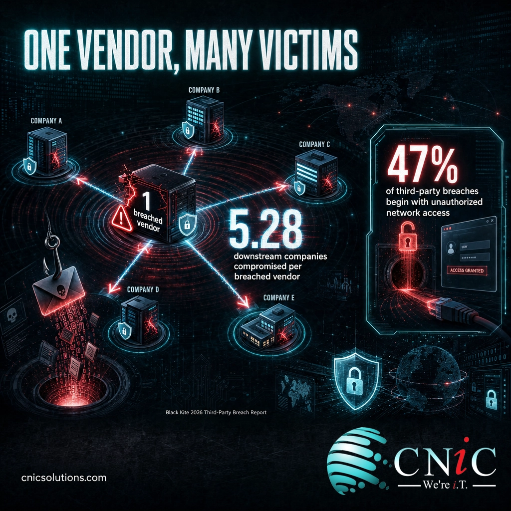 Diagram showing one breached vendor cascading to 5.28 downstream companies with 47% via unauthorized access