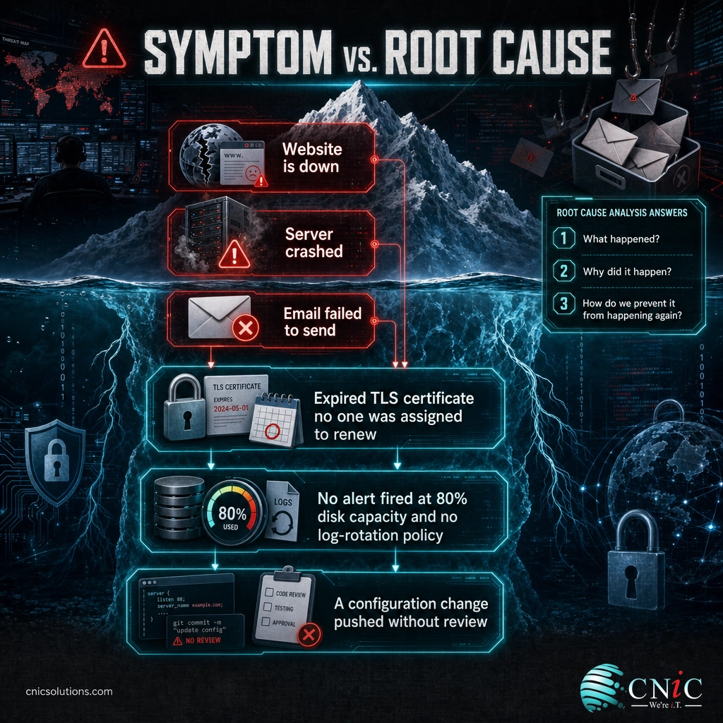 Infographic comparing IT symptoms with their hidden root causes and the three questions RCA answers