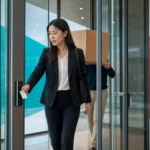 Unauthorized person following an employee through a badge-secured office door in a tailgating attack
