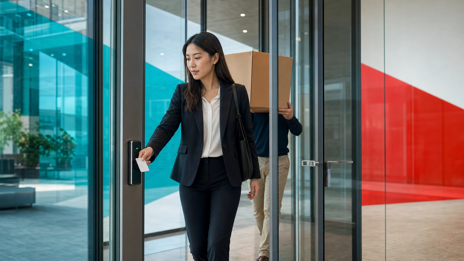 Unauthorized person following an employee through a badge-secured office door in a tailgating attack