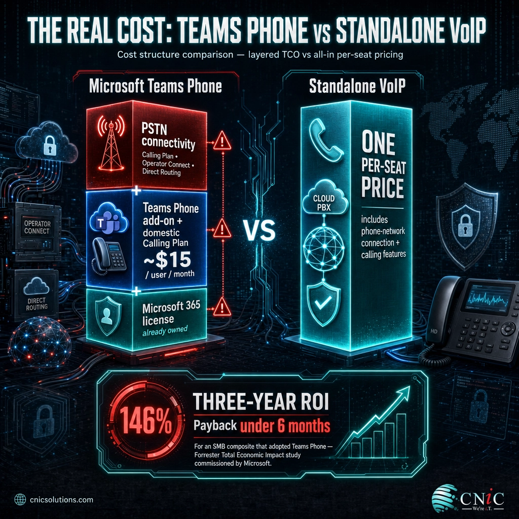 Cost infographic comparing layered Teams Phone total cost of ownership with all-in standalone VoIP per-seat pricing, plus 146% ROI stat