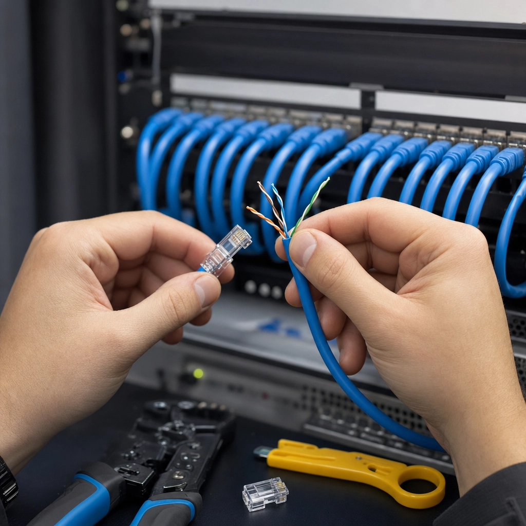 Close-up of a technician terminating a twisted-pair Ethernet cable into an office patch panel