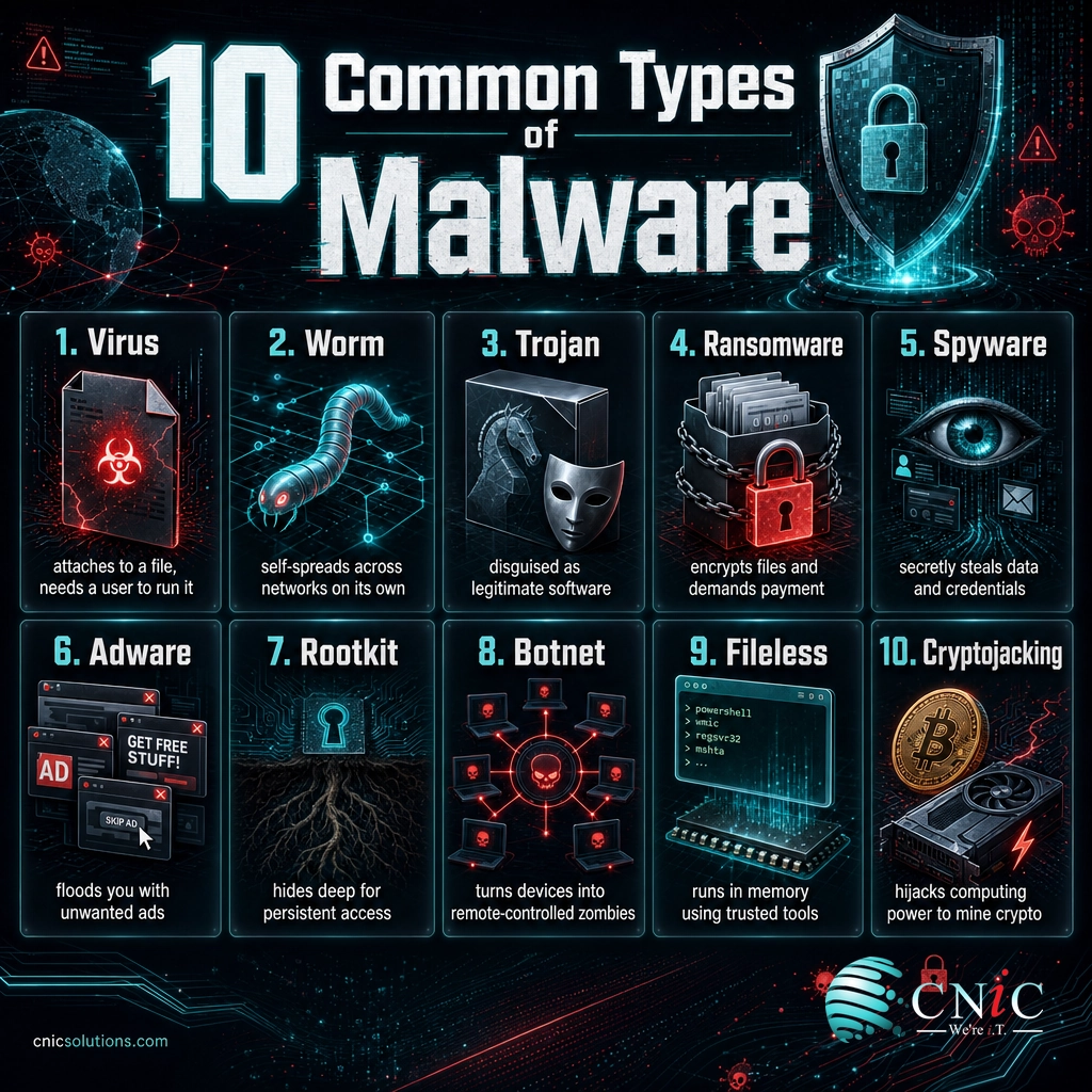 Infographic grid of the ten most common malware types with a short definition of each