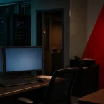 Darkened Texas small business office with locked computer screens representing a ransomware attack