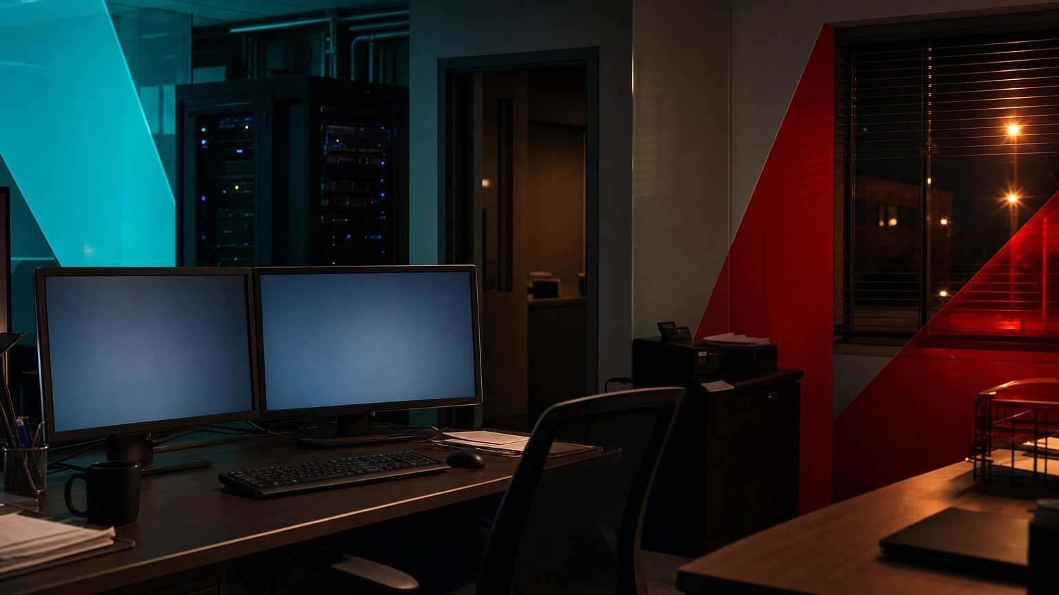 Darkened Texas small business office with locked computer screens representing a ransomware attack