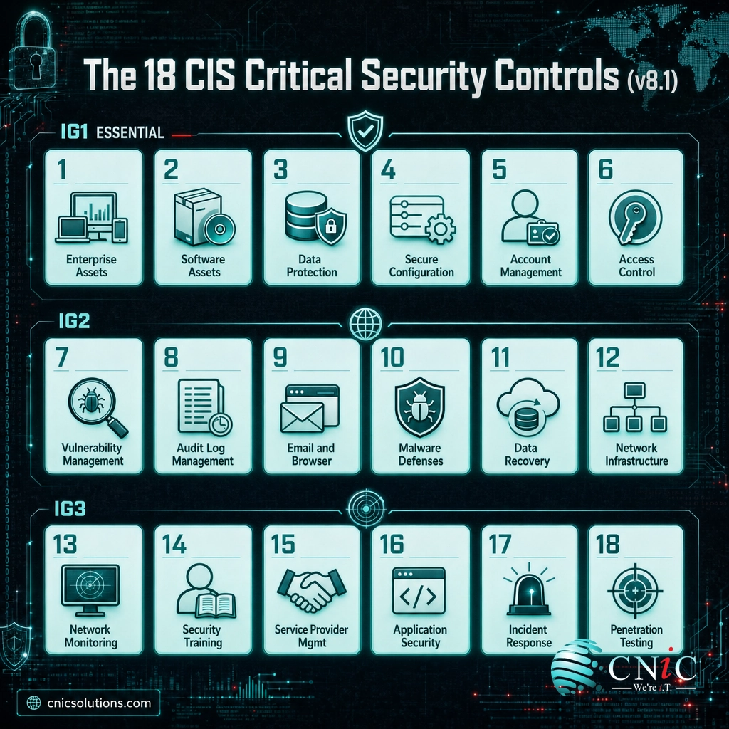 Infographic grid of all 18 CIS Critical Security Controls in version 8.1, numbered with short labels