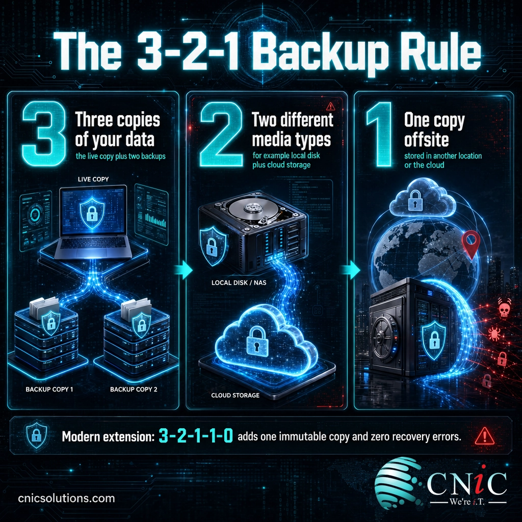 Diagram of the 3-2-1 backup rule: three copies, two media types, one offsite copy