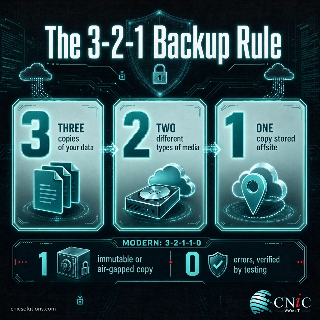 Infographic showing the 3-2-1 backup rule and the modern 3-2-1-1-0 extension