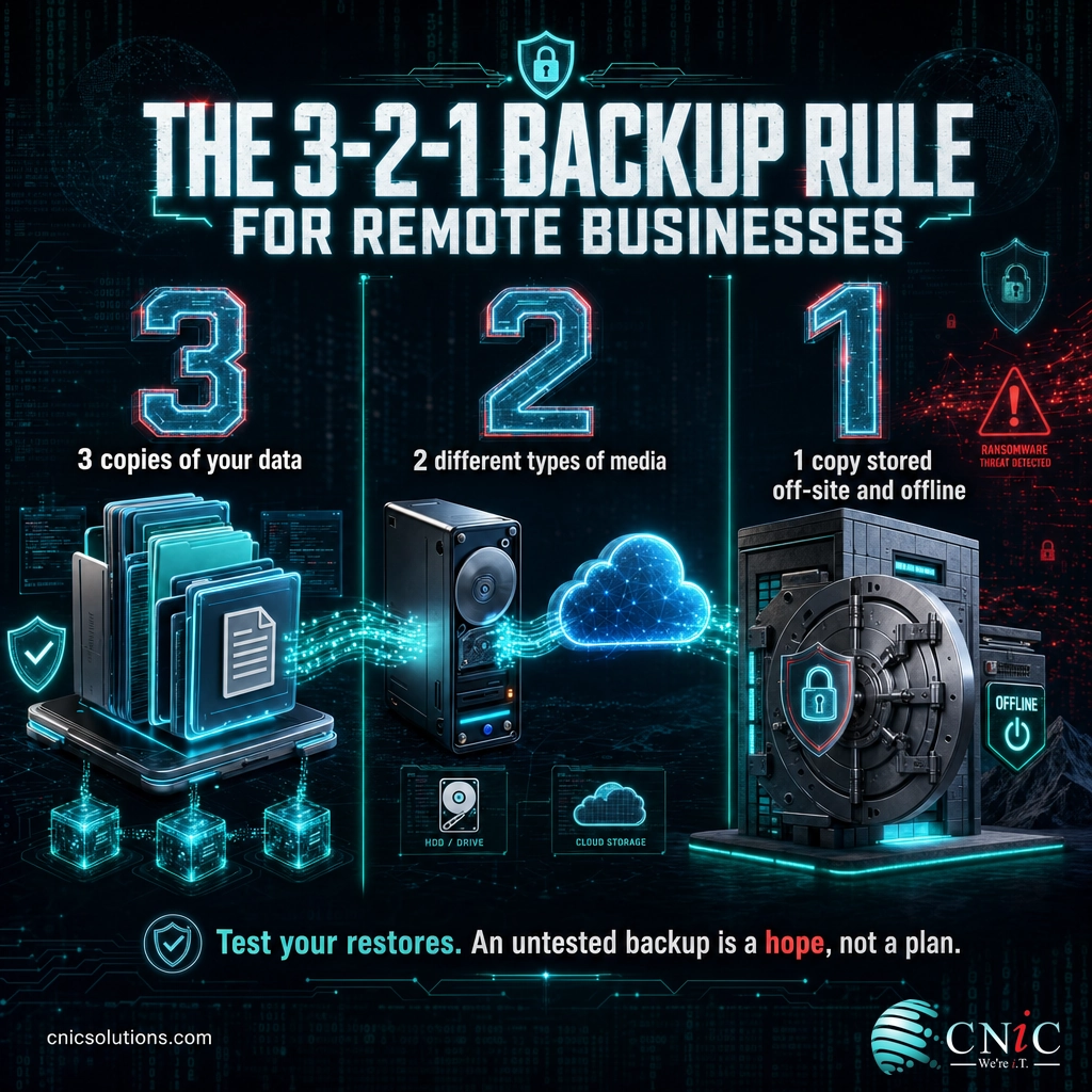 Infographic explaining the 3-2-1 backup rule of three copies, two media, one off-site