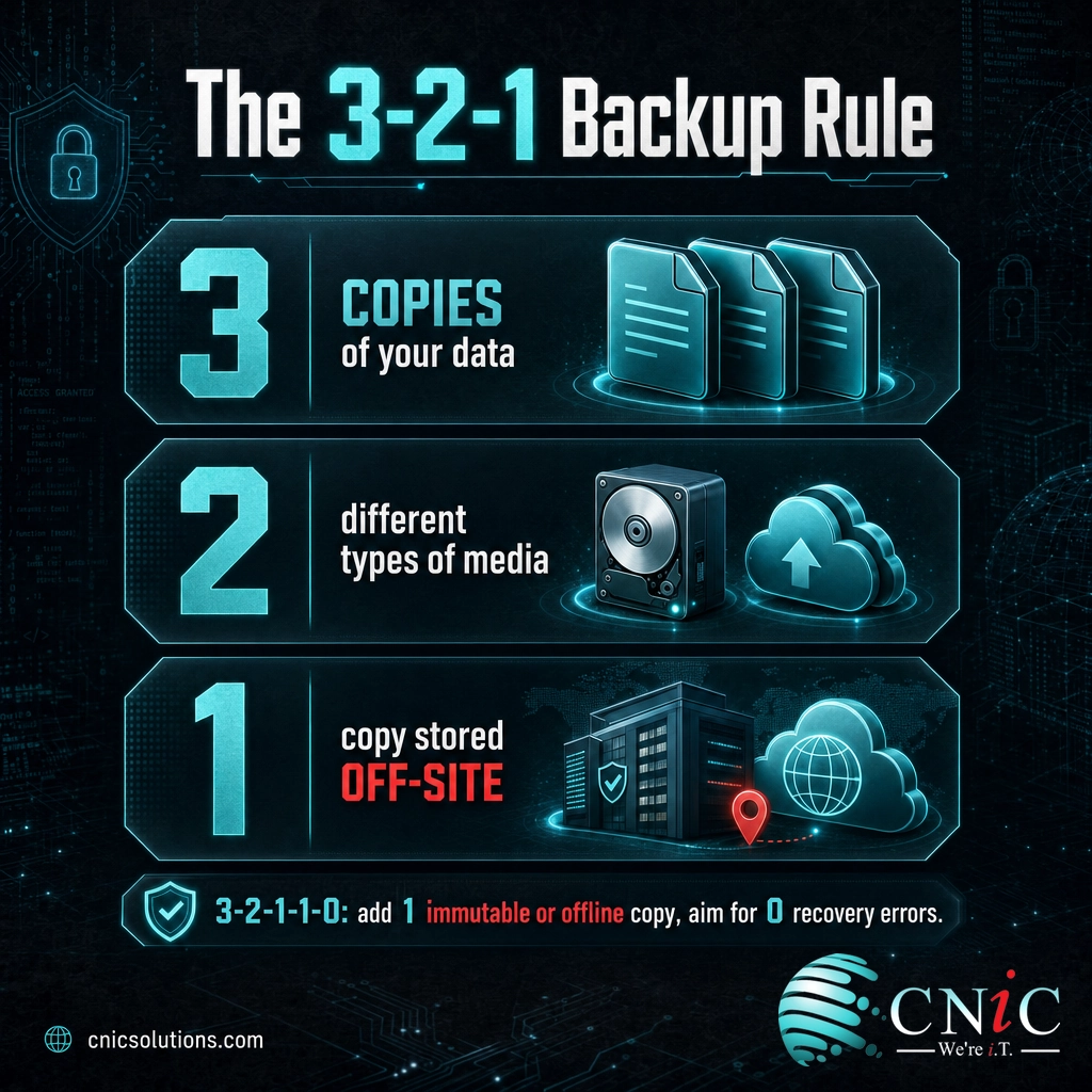 Infographic of the 3-2-1 backup rule: three copies, two media types, one off-site copy