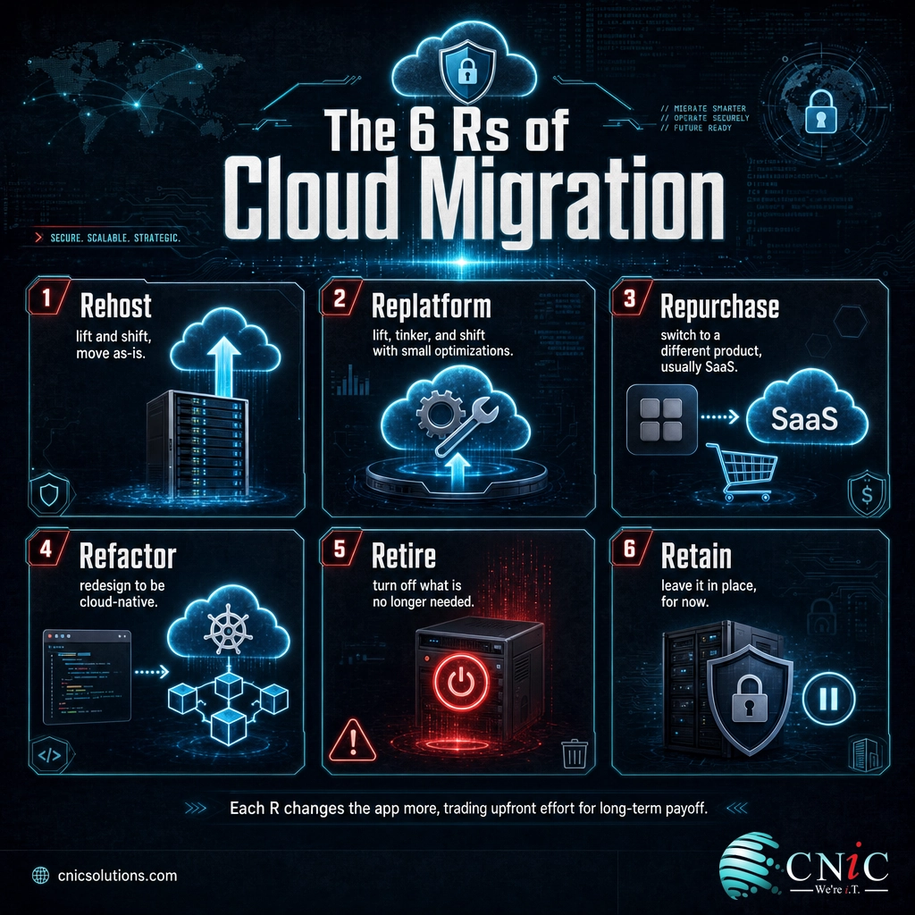 Infographic of the 6 Rs of cloud migration: rehost, replatform, repurchase, refactor, retire, and retain
