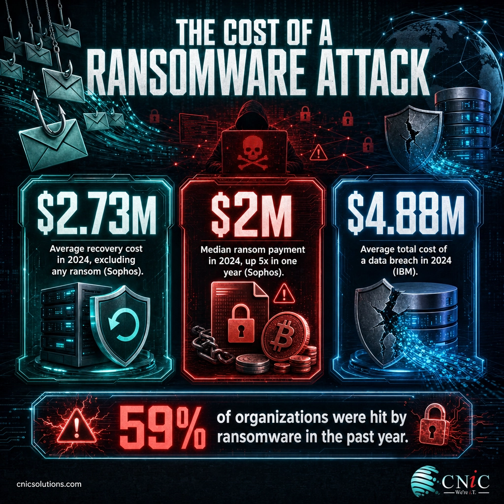 Infographic showing 2024 ransomware costs: $2.73M recovery, $2M median ransom, $4.88M breach cost
