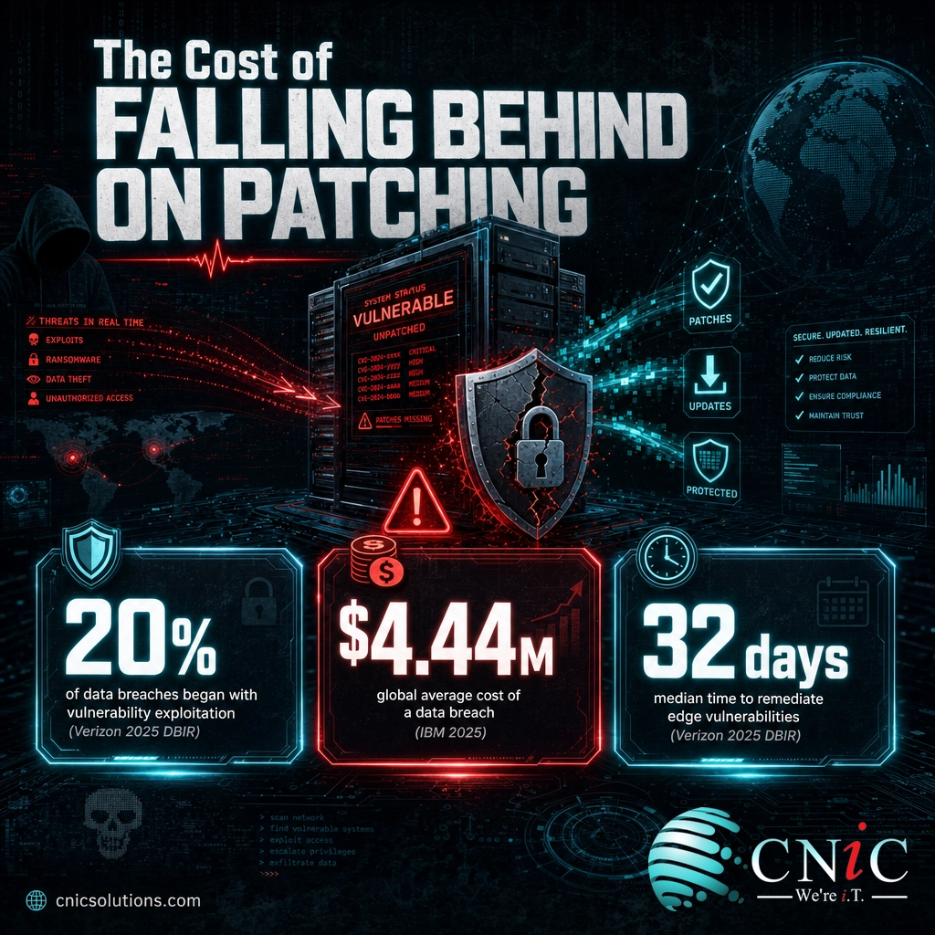 Infographic showing 20 percent of breaches from vulnerability exploitation, $4.44M average breach cost, and 32-day median edge remediation